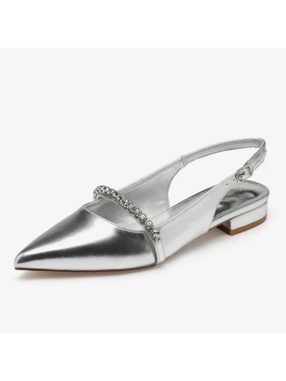 Women's Silver Soft Slingback Flats With Rhinestone Pointed Toe Backstrap Shoes